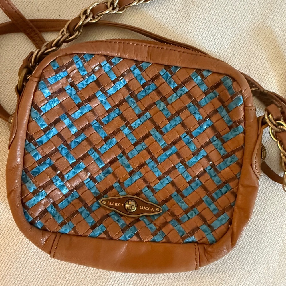 Elliott Lucca Brown Blue Weave Leather Crossbody Purse Bag brass gold chain zip - Picture 10 of 11